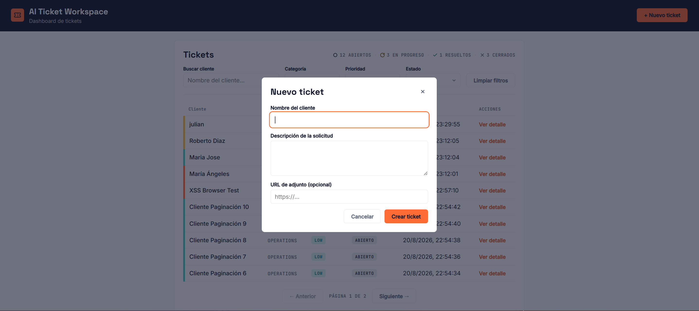 Modal de creación de ticket